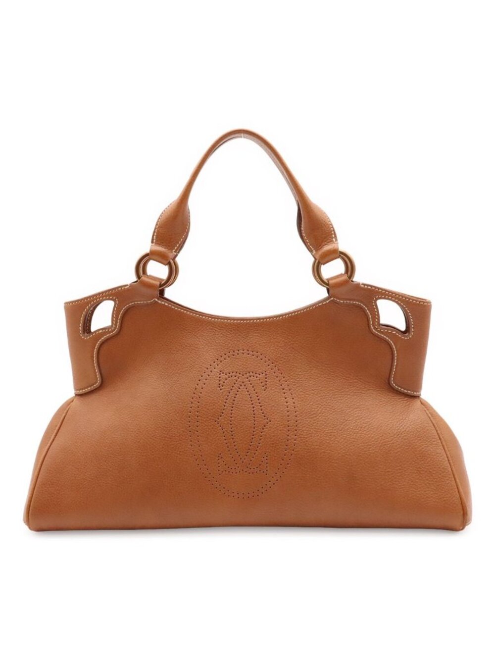 Cartier Marcello de Perforated Logo Tote Shoulder Bag Leather Brown